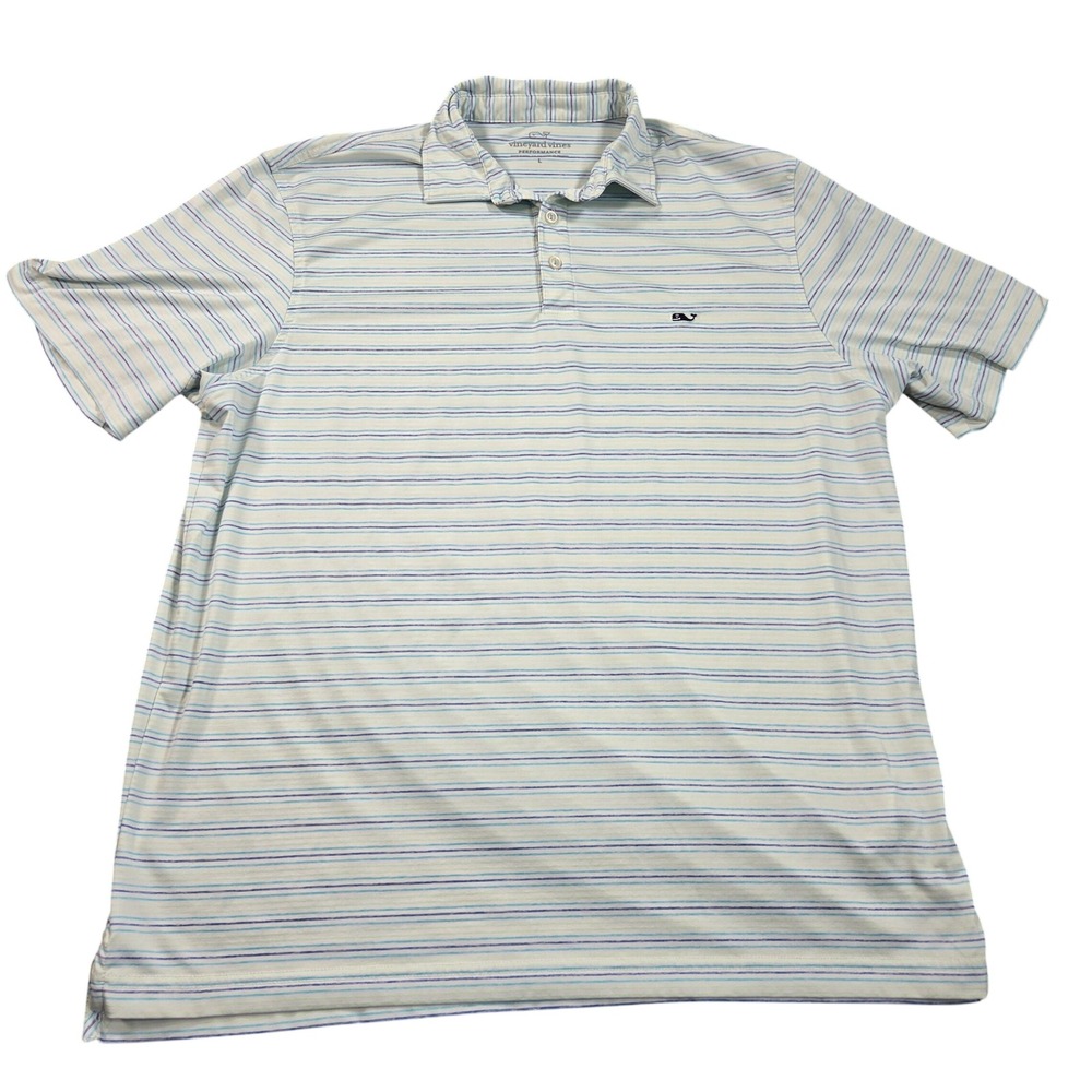 Vineyard Vines Performance Polo Shirt Mens Large White Blue Green Striped Golf
